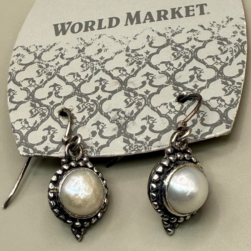 World Market Freshwater Pearl Dangle Earrings Silver Tone Boho Vintage Style - Picture 2 of 4